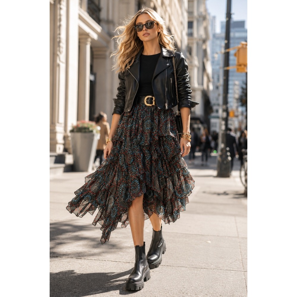 Free People Medallion Paisley Tiered Handkerchief Hem Midi Skirt Black Small